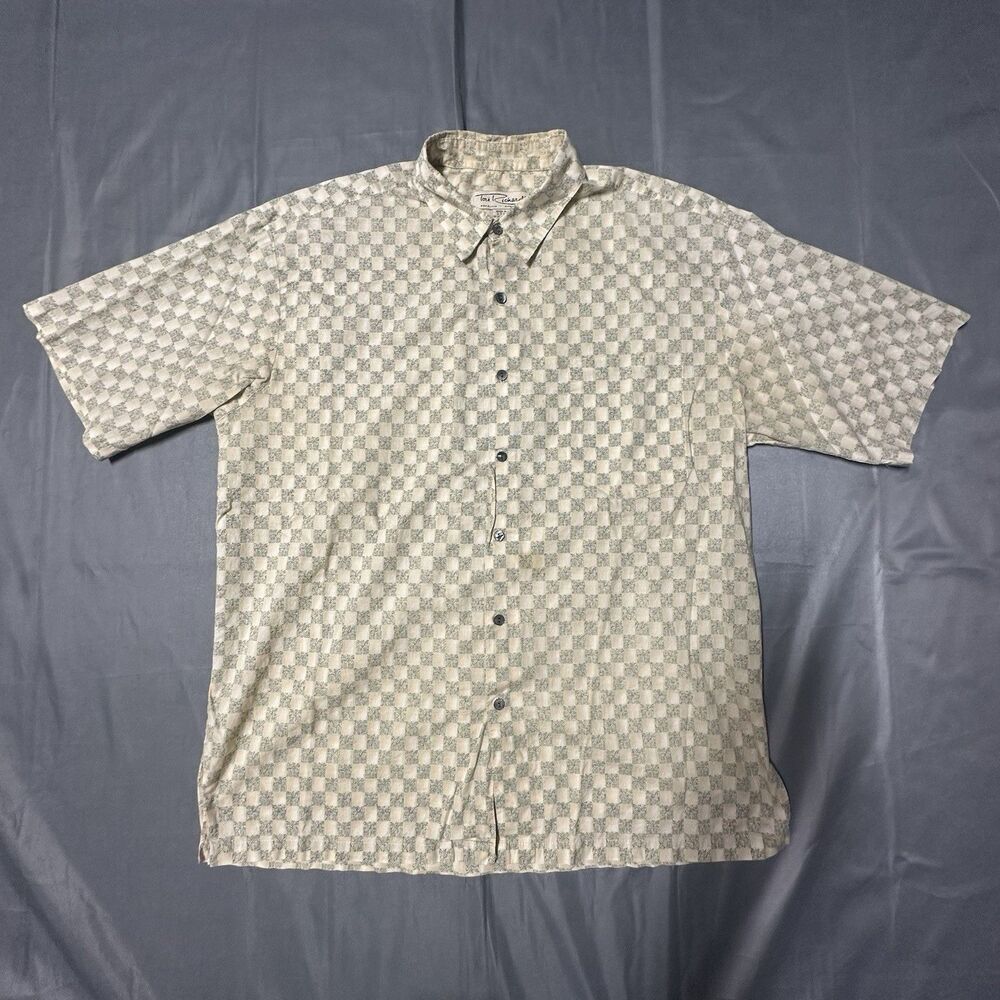 Tori Richard Aloha Shirt Mens Large Cotton Lawn Button Checkerboard Beige USA